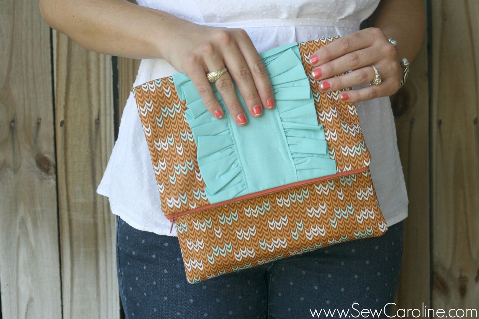 ruffled fold-over clutch tutorial // sewcaroline.com on seekatesew.com 