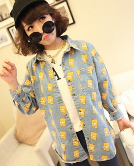 Cartoon Printing Fashion Casual Long Sleeve Collar Thick Denim Jeans Tops Blouse - Picture 1 of 1
