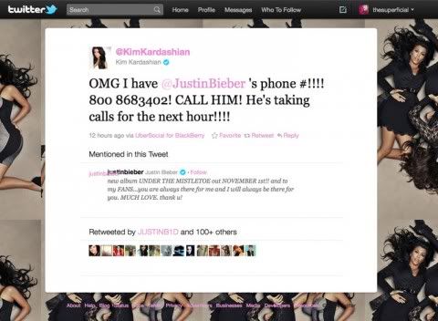 Justin Bieberphone Number on Kim Kardashian Tweet Justin Bieber S Fake Phone Number   Celebrity