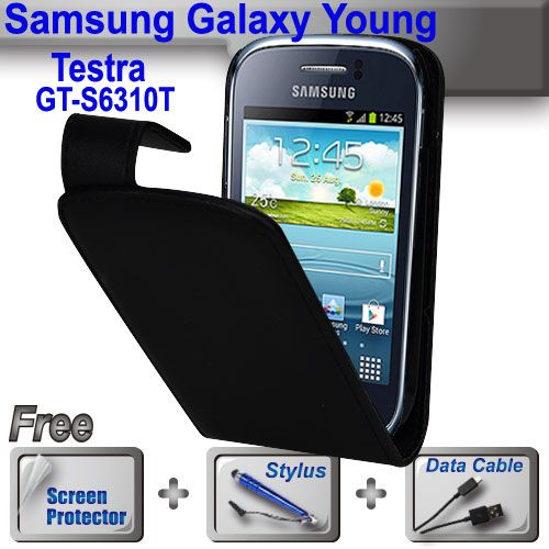 Black Leather Flip Case Telstra Samsung Galaxy Young GT S6310T S6310 SP